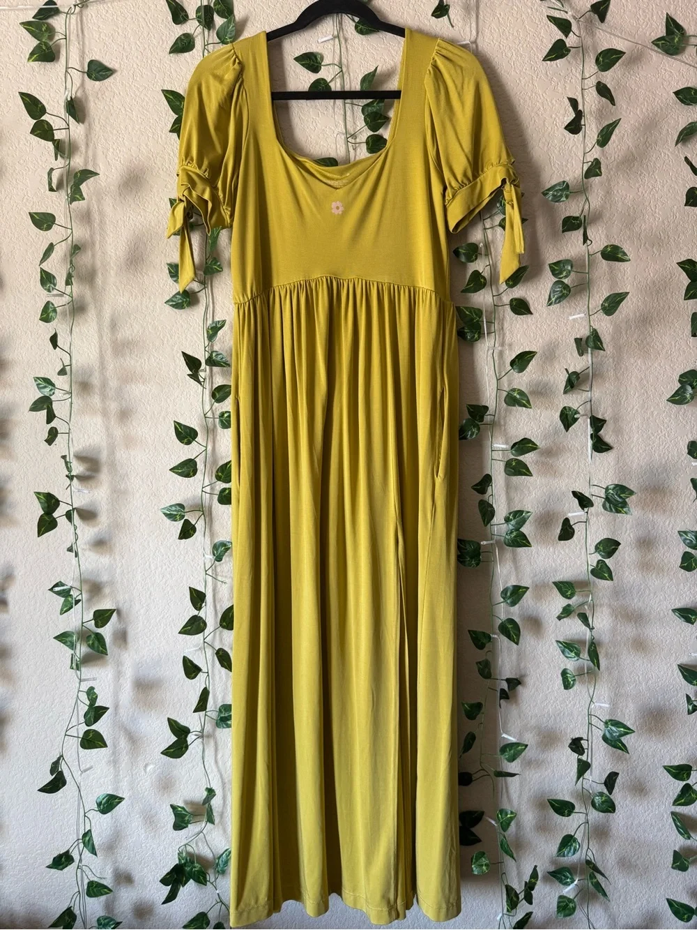 Purusha People Daisy Marguerite Mustard Yellow Maxi Dress Tie Sleeves